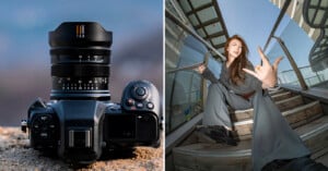 Split image: On the left, a close-up of a digital camera with a large lens resting on sand; on the right, a woman poses energetically on a staircase, smiling and making hand gestures.