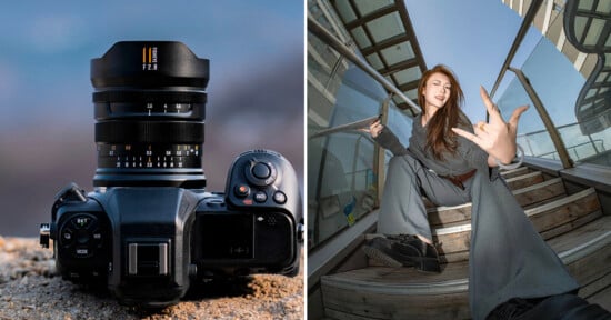 Split image: On the left, a close-up of a digital camera with a large lens resting on sand; on the right, a woman poses energetically on a staircase, smiling and making hand gestures.