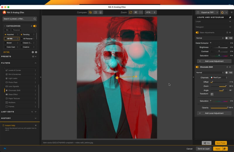Screenshot of a photo editing software with a dual-colored (red and cyan) glitch effect applied to a portrait of a person wearing sunglasses and blowing bubble gum. Editing tools and adjustment sliders are visible on the right.