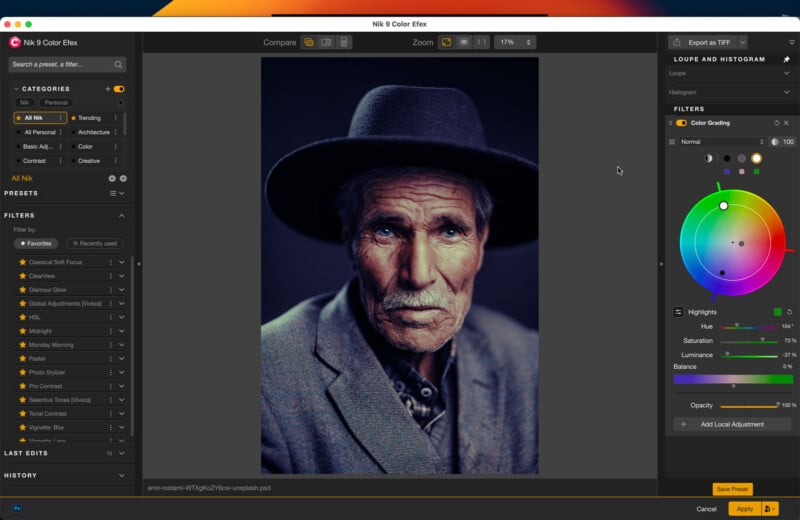 Photo editing software interface displaying a portrait of an elderly man wearing a wide-brimmed hat and gray jacket; color grading options and adjustment sliders are visible on the right side of the screen.
