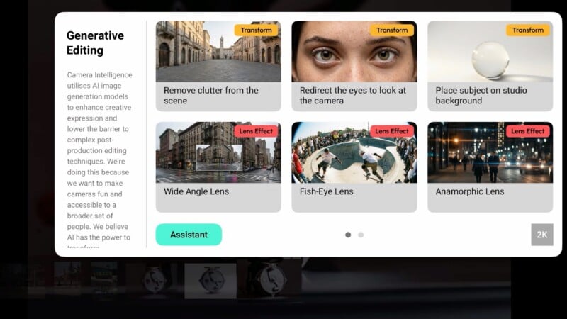 A screen displays AI photo editing options: removing clutter, redirecting eye gaze, placing a subject on a studio background, and applying wide angle, fish-eye, or anamorphic lens effects.