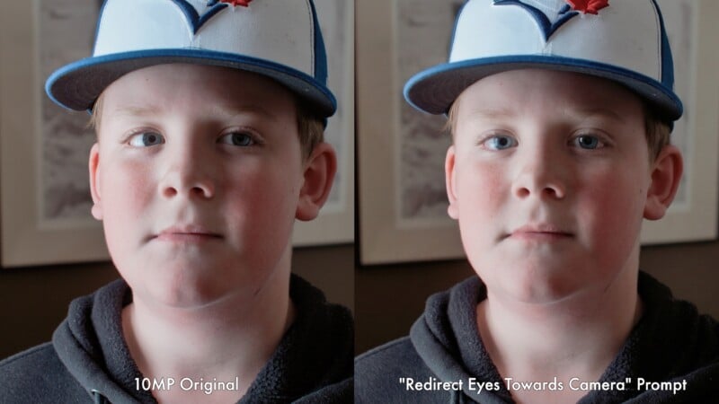 Side-by-side photos of a boy in a blue and white baseball cap. The left image shows him looking slightly away; the right image shows him looking directly at the camera. Text reads “10MP Original” and “'Redirect Eyes Towards Camera' Prompt.”.
