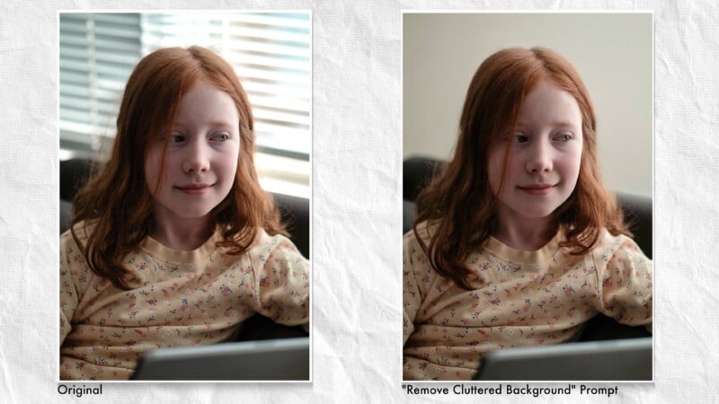 Side-by-side photos of a girl with long red hair in a light floral shirt, looking to the side. The left image has blinds in the background; the right image has a plain, uncluttered background.