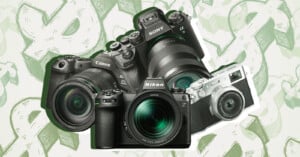A collage of four digital cameras from different brands, including Canon, Sony, Nikon, and Fujifilm, is displayed against a background with abstract green and white patterns.