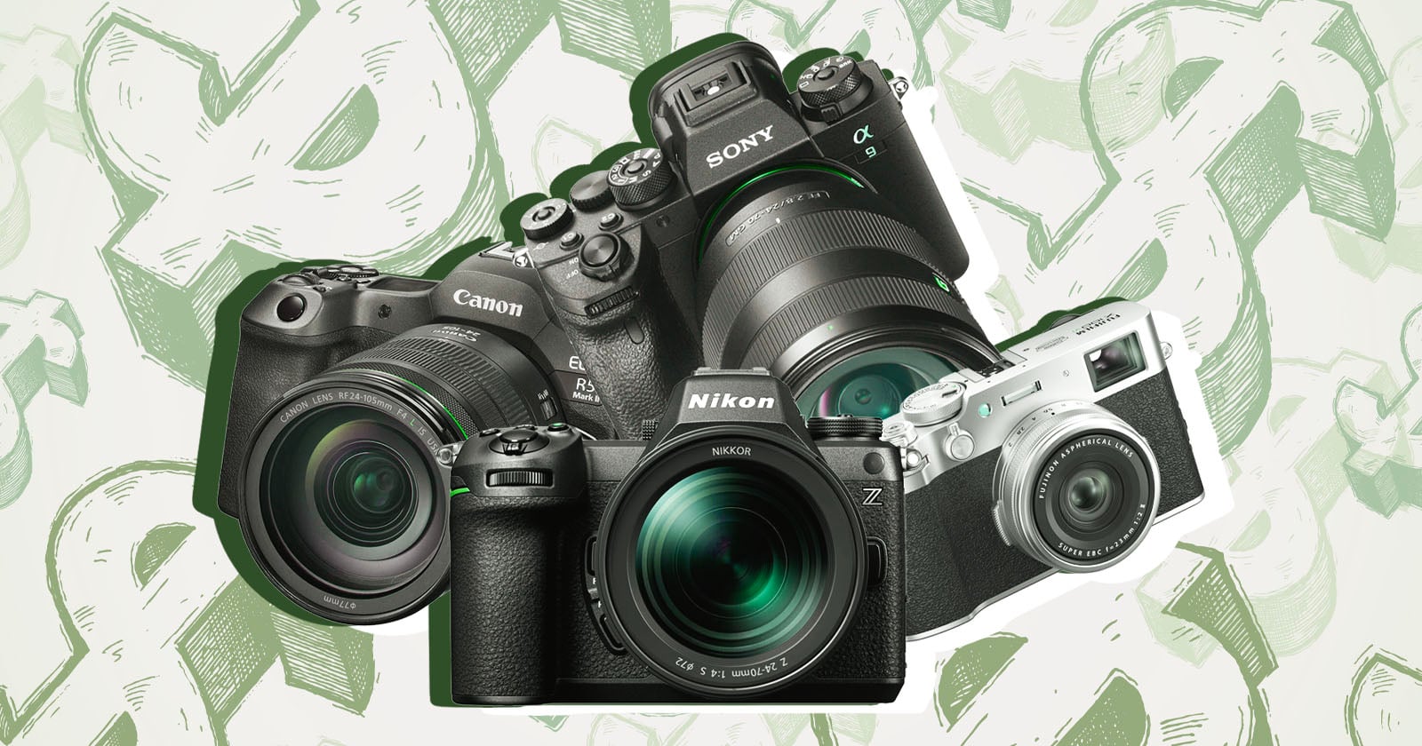 A collage of four digital cameras from different brands, including Canon, Sony, Nikon, and Fujifilm, is displayed against a background with abstract green and white patterns.