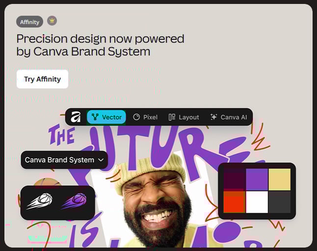 A promotional graphic for Canva Brand System shows a smiling man in a beanie, design toolbars, color palette, and stylized text reading "THE FUTURE IS" in purple, on a light background with the Affinity logo and a "Try Affinity" button.
