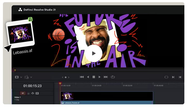 A video editing software interface displays a project with a thumbnail of a man smiling, surrounded by purple graffiti-style text reading "The Future is in the Air" with a basketball graphic. The timeline and controls are visible below.