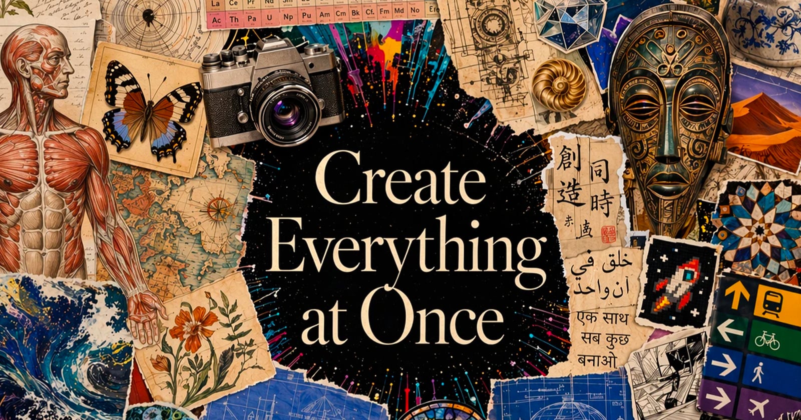 A vibrant collage surrounds the phrase "Create Everything at Once," featuring art, science, nature, photography, maps, a butterfly, a camera, anatomical drawing, cultural artifacts, and handwritten notes in various languages.