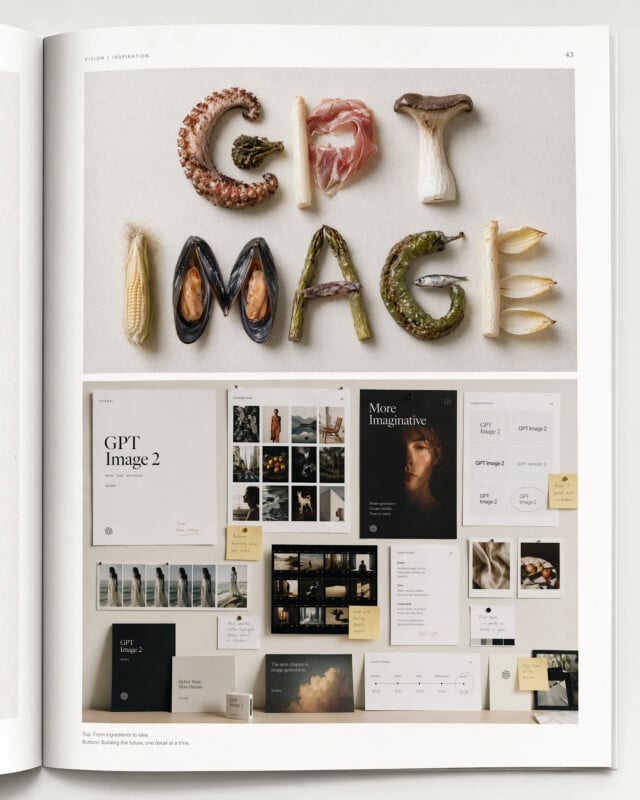 A magazine page with "GPT IMAGE" spelled out using food and natural items on top, and a collection of posters, booklets, and design mockups displayed on a wall below.