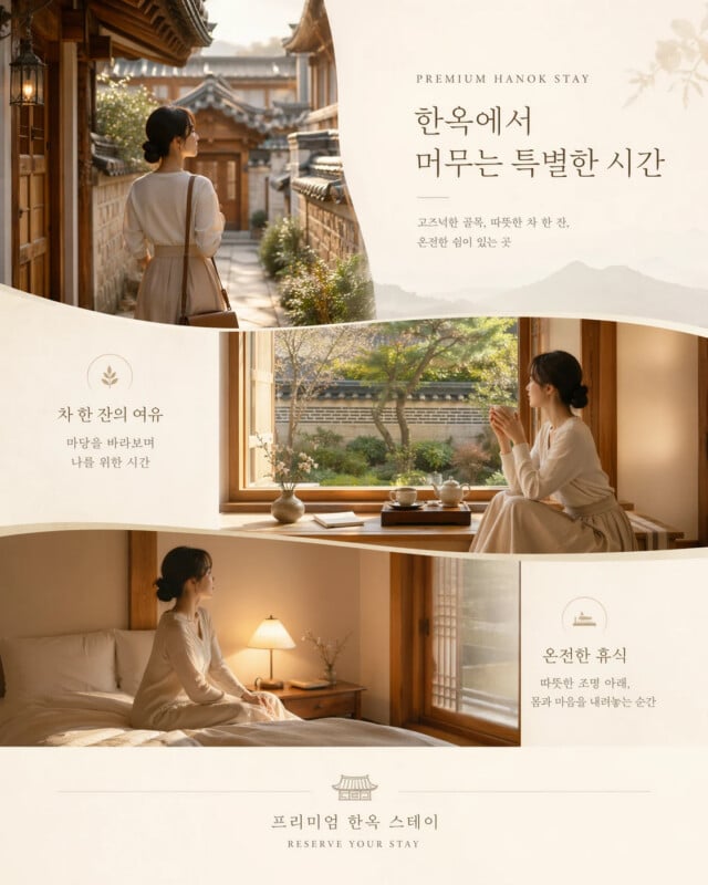 A woman in traditional Korean dress enjoys tea and relaxes inside a cozy hanok room, with views of a peaceful courtyard and warm sunlight streaming through wooden windows. Korean text promotes a premium hanok stay experience.