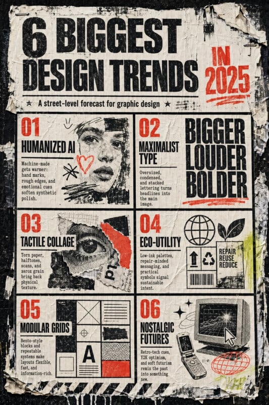 A distressed poster lists "6 Biggest Design Trends in 2025" with bold graphics and icons, describing trends like Humanized AI, Maximalist Type, Tactile Collage, Eco-Utility, Modular Grids, and Nostalgic Futures.