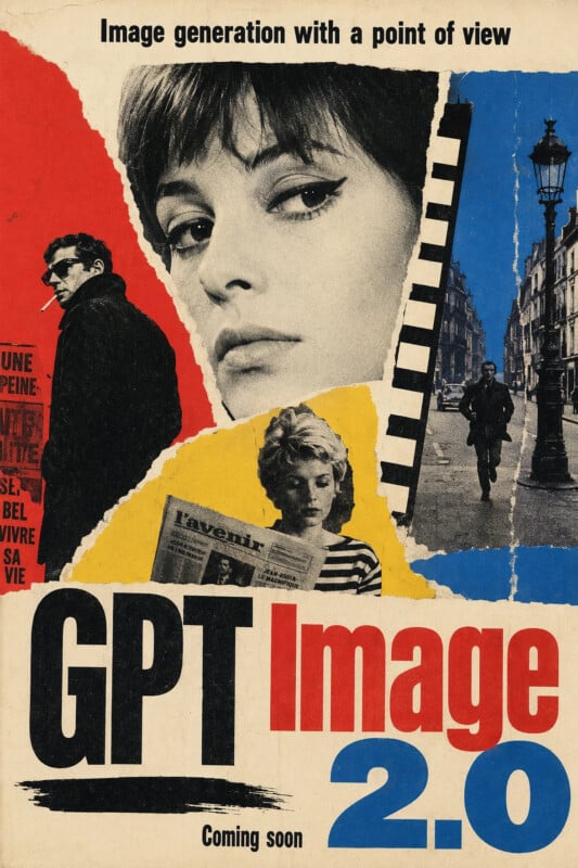 A retro-style movie poster featuring black-and-white cutout photos of people, bold colored shapes, and the text “GPT Image 2.0,” “Image generation with a point of view,” and “Coming soon.”.