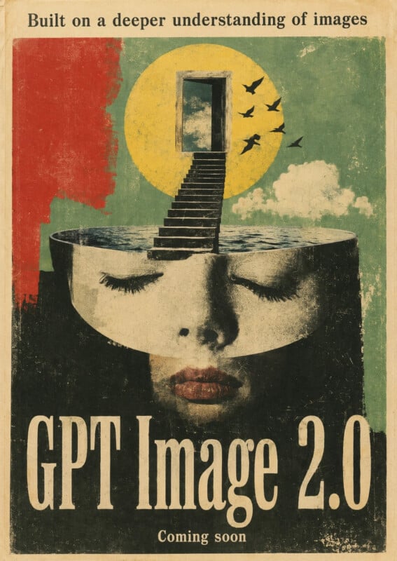 A surreal poster shows a woman's face with eyes closed; her head is open with stairs leading up to a door, birds flying through it toward a yellow sun. Text reads "GPT Image 2.0 Coming soon" and "Built on a deeper understanding of images.