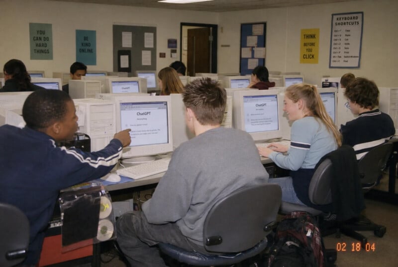 Students sit at computer workstations in a classroom, focused on screens displaying "ChatGPT." Motivational posters and a keyboard shortcuts chart hang on the walls. The photo appears to be from the early 2000s.