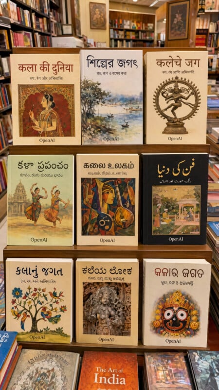 A display of nine books about art in various Indian and world languages, arranged in three rows on a bookshelf in a bookstore. Shelves of more books are visible in the background.