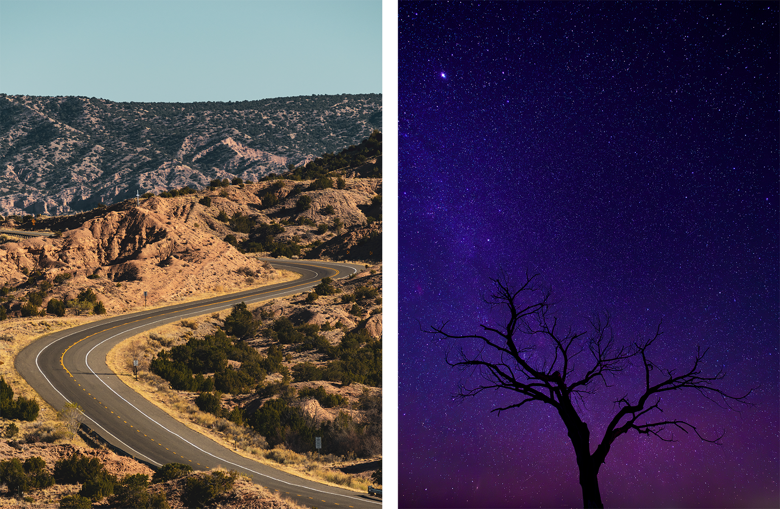  on the left, a winding road curves through sunlit desert hills; on the right, a silhouette of a leafless tree stands against a deep purple star-filled night sky.