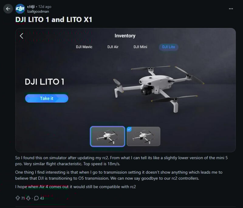 A screenshot of a DJI forum post shows the DJI LITO 1 drone listed under inventory with DJI Mavic, DJI Air, and DJI Mini tabs. Below is a discussion about its features compared to the Mini 5 Pro and transmission system.