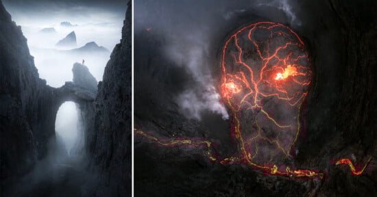 On the left, a person stands on a rocky arch surrounded by misty mountains. On the right, glowing lava cracks form a skull shape in a dark volcanic crater.