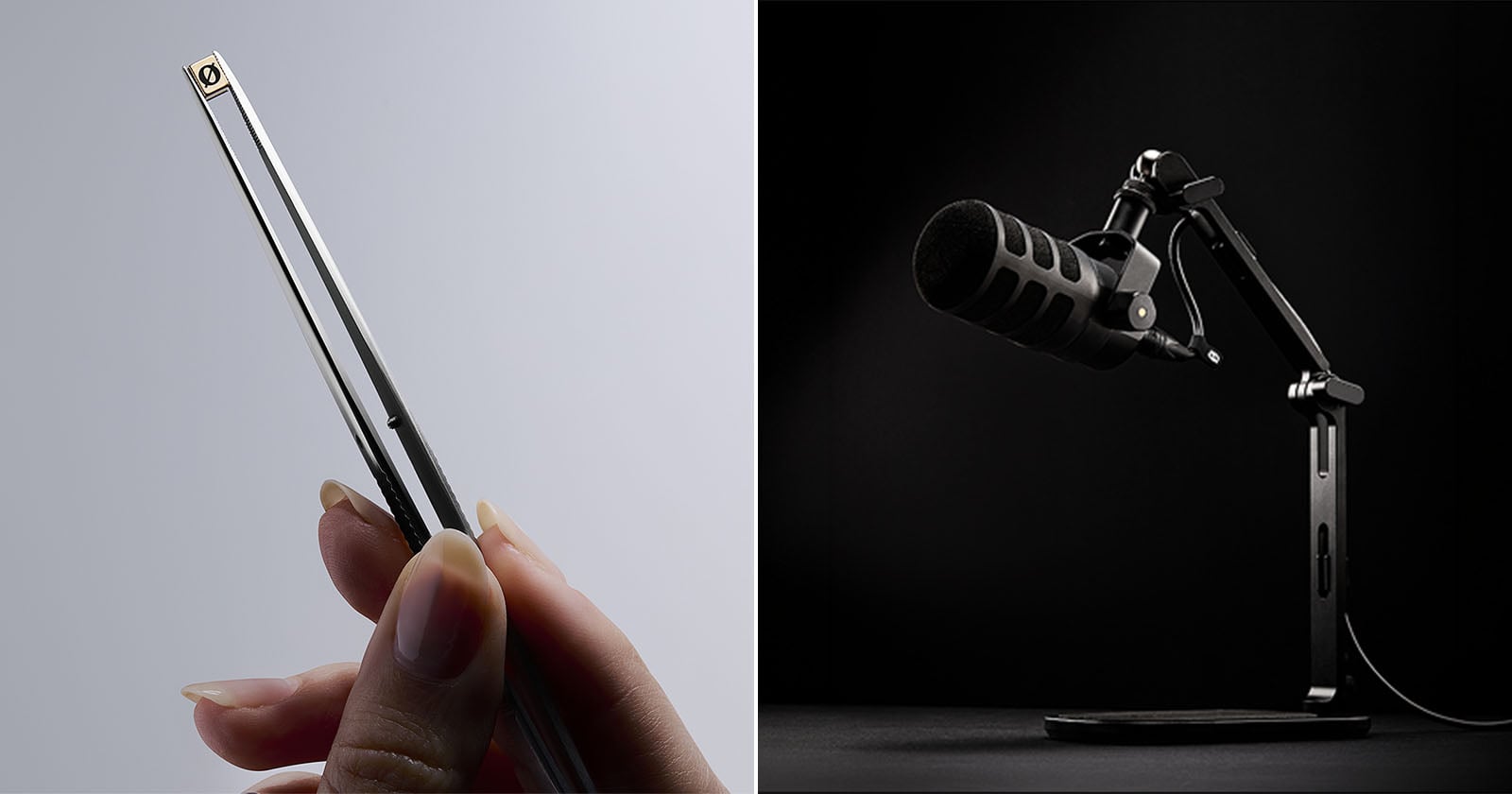 A split image: on the left, a hand holds a slim, rectangular device with a small camera; on the right, a black microphone on a stand is set against a dark background.