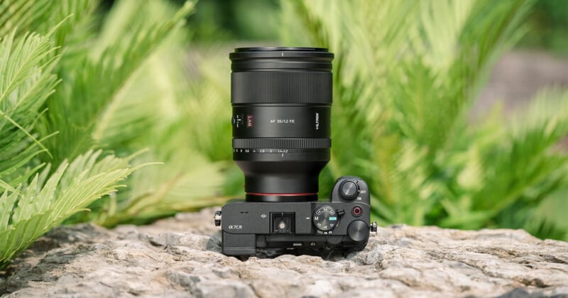 A black mirrorless camera with a large lens sits on a textured rock surface, surrounded by green, leafy plants in the background.