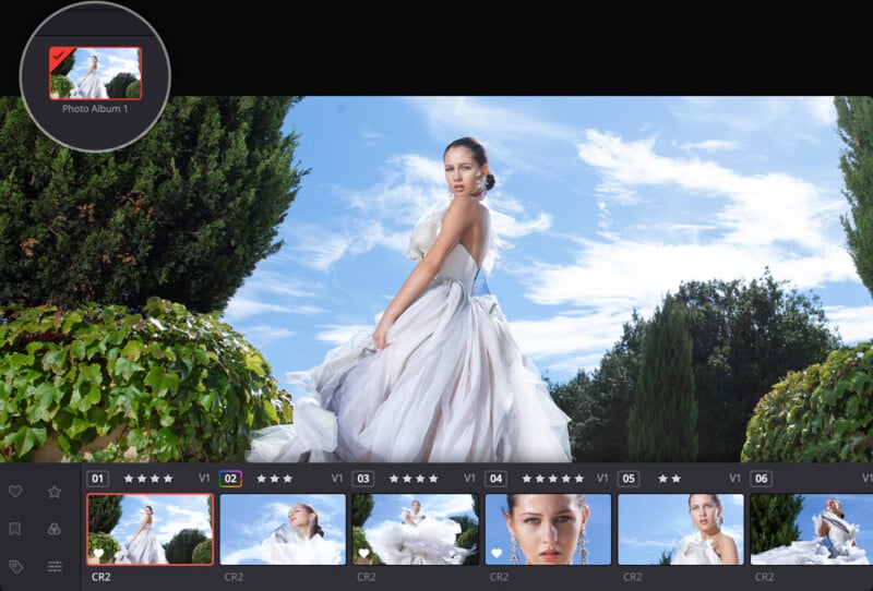 A photo editing software interface shows a woman in a flowing white dress outdoors with trees and a blue sky. Thumbnail previews of similar portraits are displayed along the bottom of the screen.