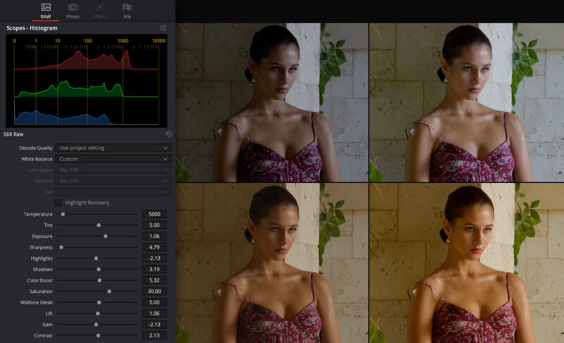 A photo editing software interface shows a woman in a floral dress, with four color-corrected versions of her image. Editing tools and a histogram appear on the left, displaying color data and adjustment sliders for various settings.