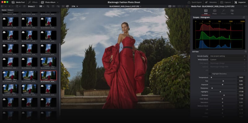 A computer screen displays photo editing software with an image of a model in a dramatic red gown outdoors. Thumbnails are on the left, editing tools and color histogram on the right, with the main photo centered.