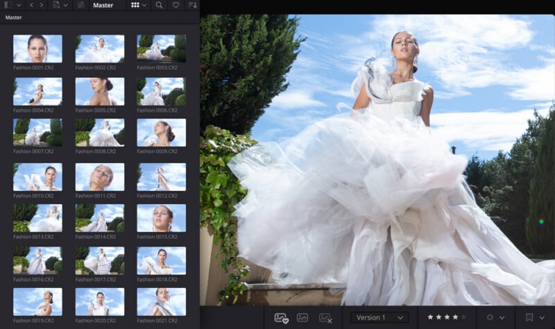 A photo editing software interface shows a woman in a white wedding dress outdoors, standing on steps with trees and blue sky behind her. Image thumbnails appear on the left; the large edited photo appears on the right.