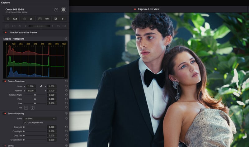 A video editing software interface shows a live preview of a well-dressed young man in a tuxedo and a woman in a metallic gown under soft lighting, with editing controls and a histogram on the left sidebar.