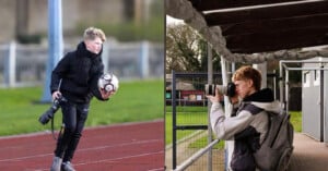 A young person in sportswear holds a camera and footballs on a track (left); the same person, wearing a backpack, takes photos with a camera near a sports field (right).