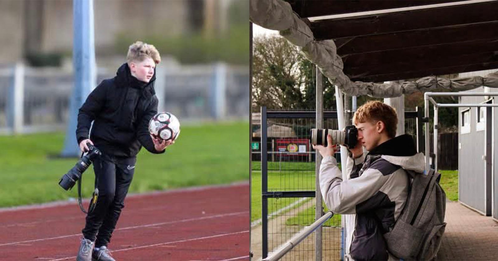 A young person in sportswear holds a camera and footballs on a track (left); the same person, wearing a backpack, takes photos with a camera near a sports field (right).