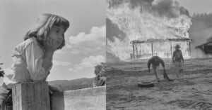 A split image: on the left, a girl leans on a wooden fence, gazing thoughtfully; on the right, two people walk near a burning house engulfed in flames, with smoke billowing into the sky.