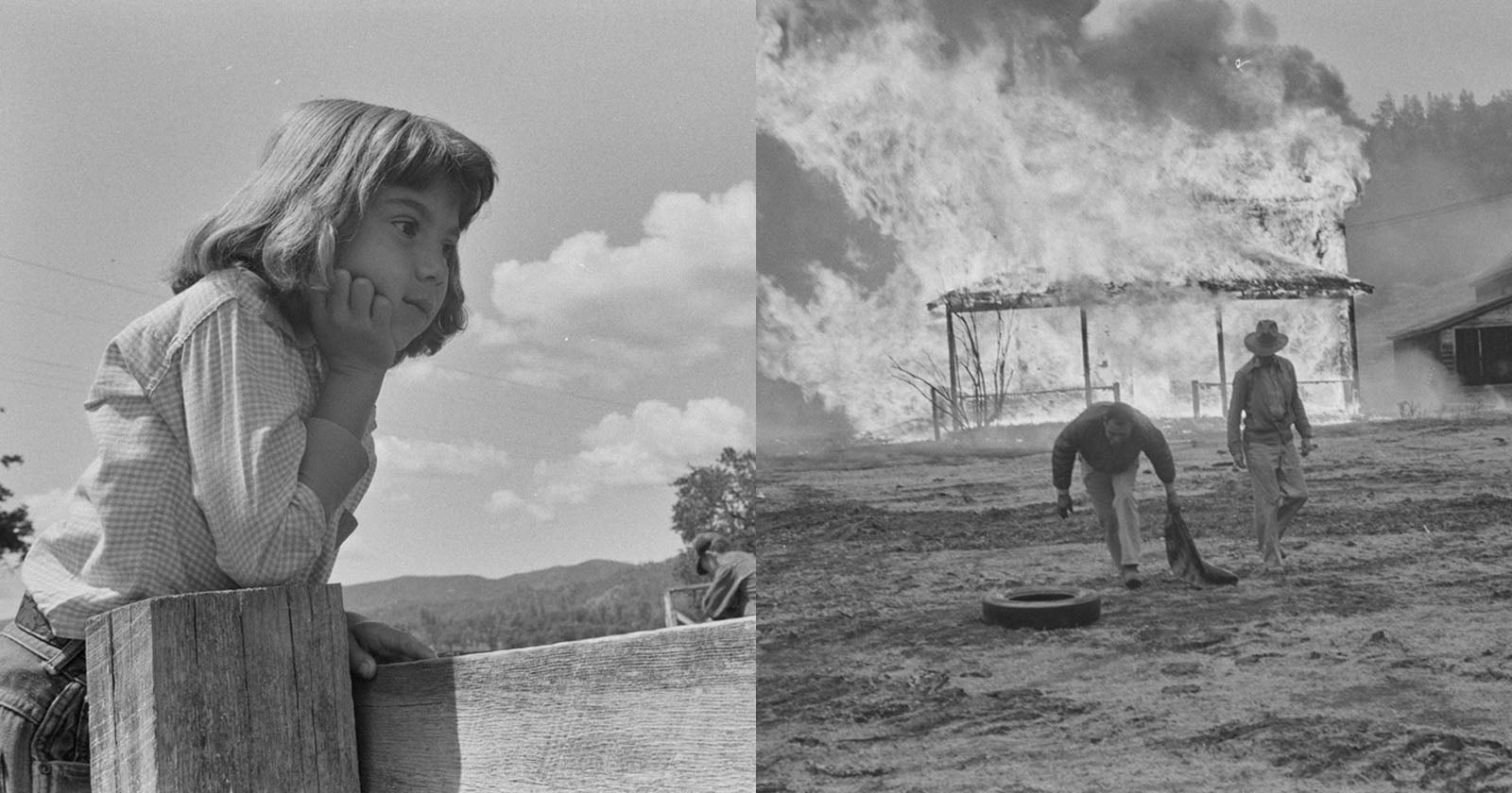 A split image: on the left, a girl leans on a wooden fence, gazing thoughtfully; on the right, two people walk near a burning house engulfed in flames, with smoke billowing into the sky.
