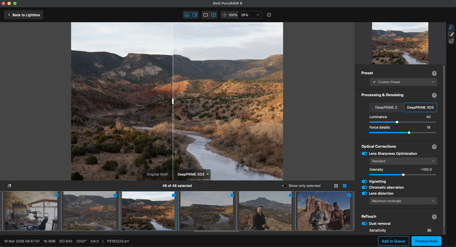 A photo editing software window shows a landscape with mountains and a river. The image is split down the middle; the left side shows the original, the right side shows enhanced colors. Editing controls and photo thumbnails are visible.