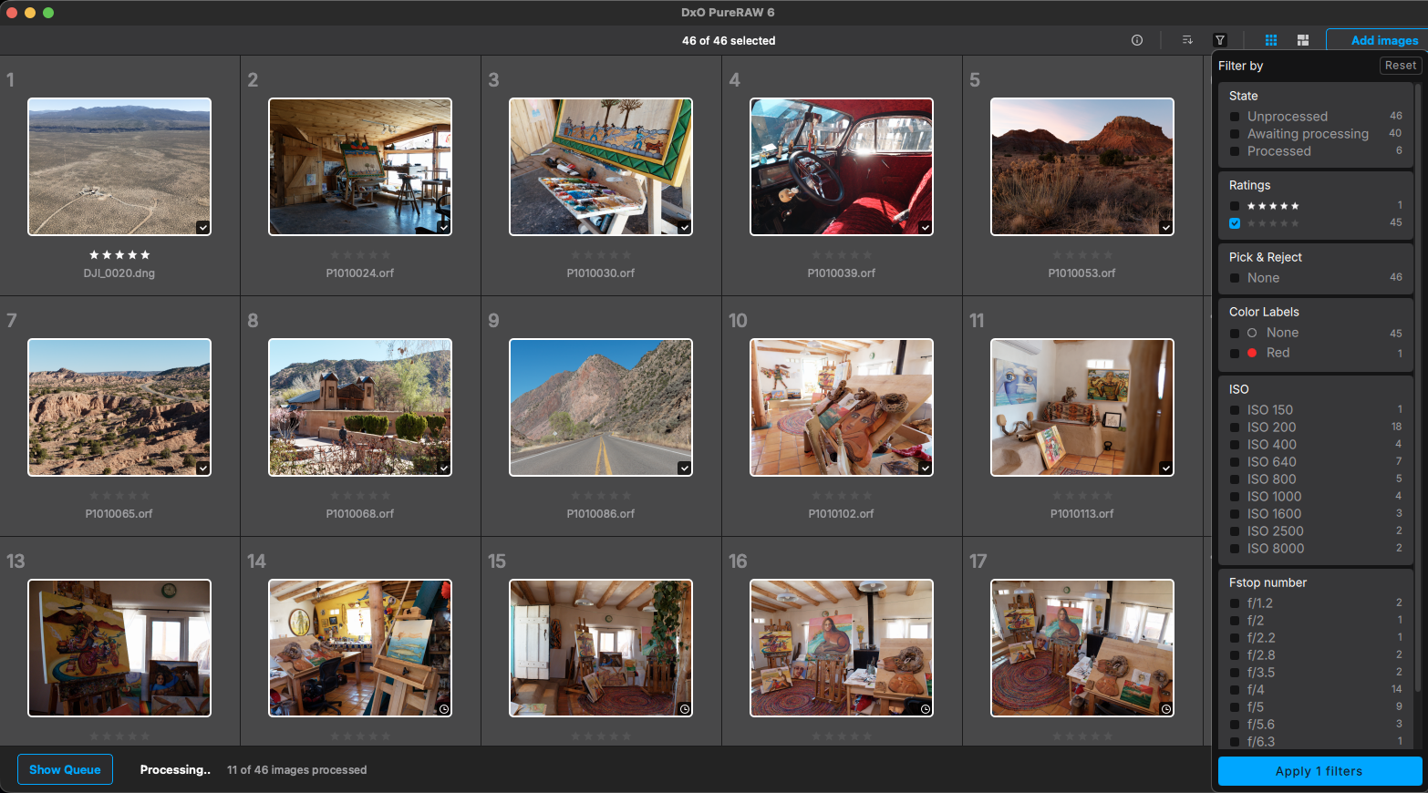 A computer screen displays a photo editing software with a grid of 16 thumbnails showing various indoor and outdoor scenes, including landscapes, rooms, and a vintage car interior. Filters and options are visible on the right.