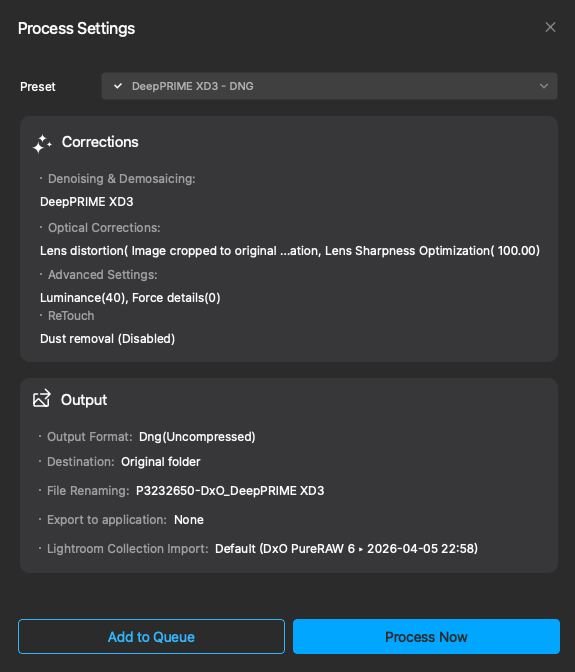 A screenshot of a photo editing software's Process Settings panel showing corrections like DeepPRIME XD3 denoising and output settings for saving a DNG file with detailed parameters.