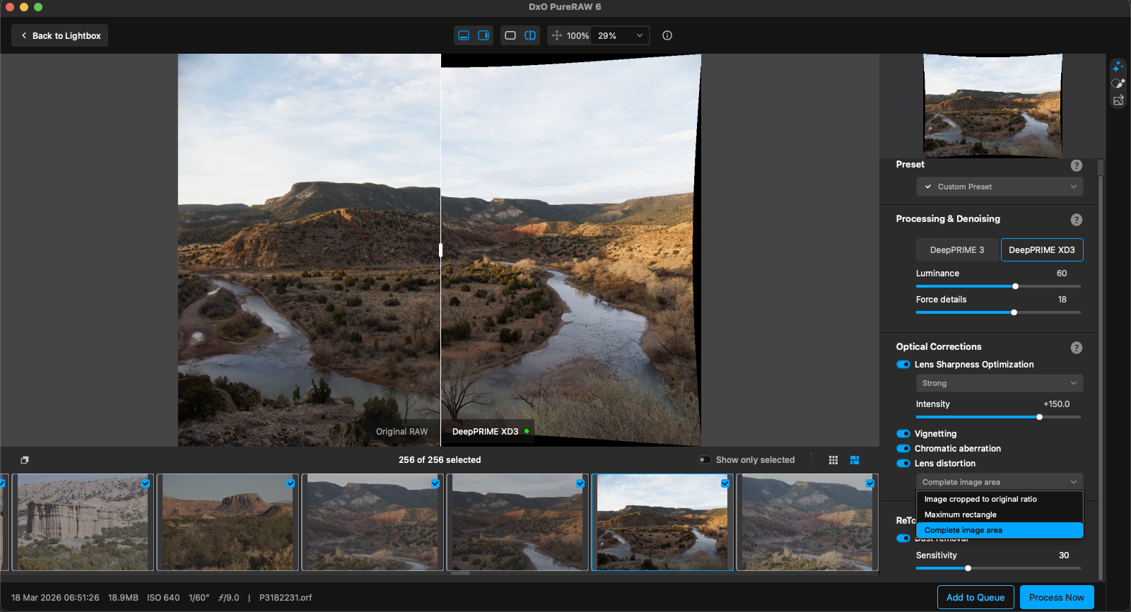 A photo editing software window displays a landscape image of a river winding through hills under a blue sky. Editing sliders and options are visible on the right, with image previews along the bottom.