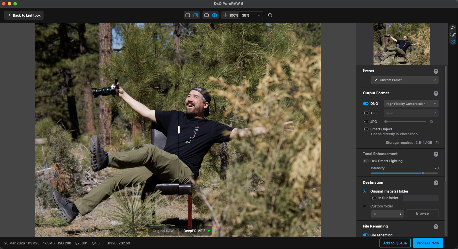 A man with a beard and cap laughs joyfully while sitting sideways on a chair in a forest. He holds a camera in one hand, one leg kicked up, surrounded by pine trees. The image editing software shows before/after effects.