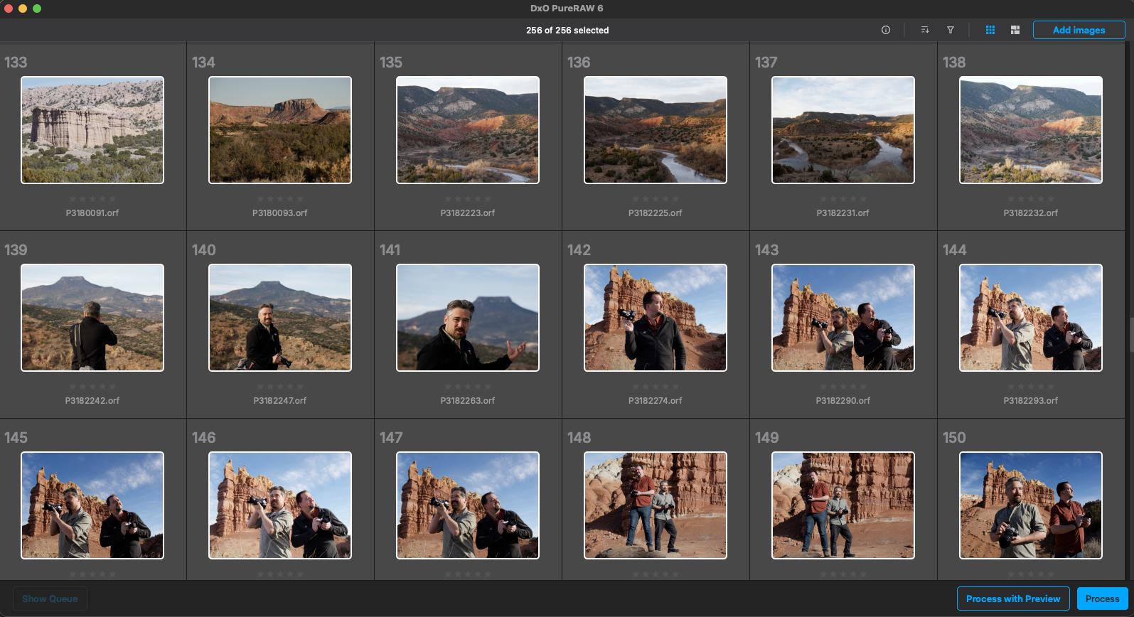 A computer screen shows a photo editing software with 15 landscape and portrait thumbnails of desert scenery, rock formations, and people outdoors. Image numbers and file names are visible above each thumbnail.