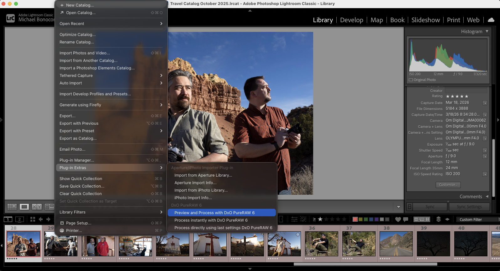 Screenshot of Adobe Photoshop Lightroom Classic. The menu for "File" is open, highlighting "Preview and Process with DxO PureRAW 4." A photo of two people standing outdoors near red rock formations is selected in the main window.