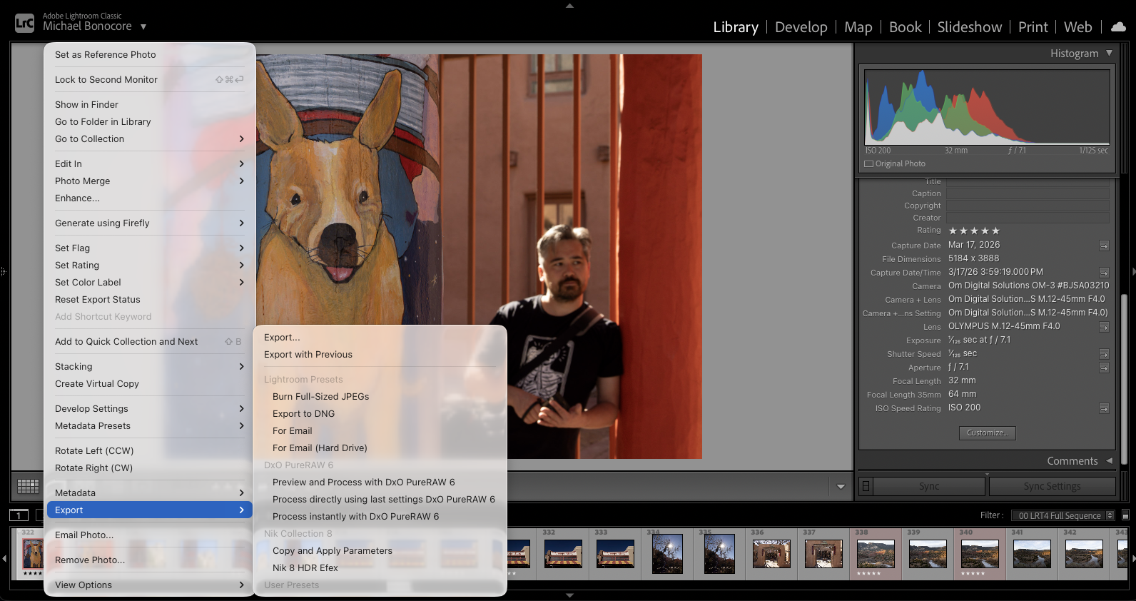 A man stands in front of a mural of a dog wearing a party hat. The Adobe Lightroom Develop module is open, with the Export menu expanded over the photo. Image adjustments and editing settings are visible on the right.