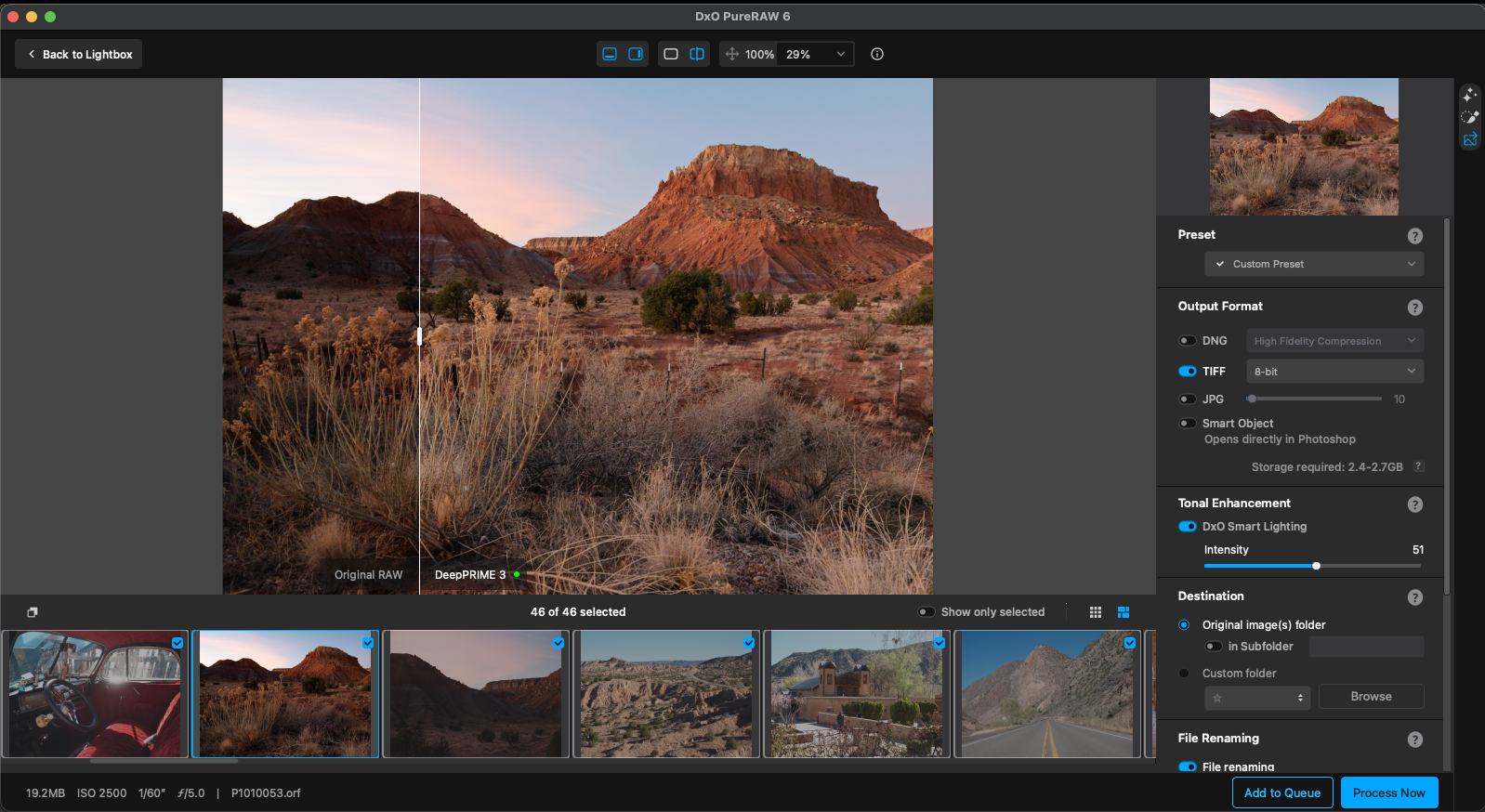 Screenshot of Adobe Photoshop’s workspace showing a landscape photo of red rock formations with trees. Editing tools and settings appear on the right, and a comparison slider shows “Original” and “DeepPRIME” image versions. Filmstrip view is at the bottom.