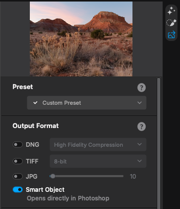 A desert landscape with red rock formations and dry grass is partially visible above an image editing software panel showing export presets, output format options, and a Smart Object toggle.