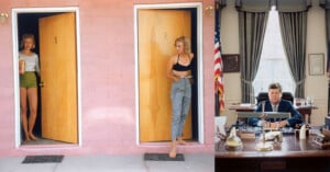 Two women stand in separate doorways of a pink building, each labeled with a number; on the right, a man sits at a large desk in an office with an American flag and large windows behind him.