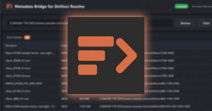 A large orange icon with three horizontal lines and a right-pointing arrow is centered over a blurred computer interface labeled "Metadata Bridge for DaVinci Resolve" with a file list visible in the background.
