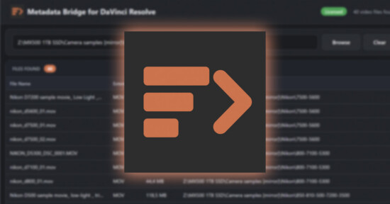 A large orange icon with three horizontal lines and a right-pointing arrow is centered over a blurred computer interface labeled "Metadata Bridge for DaVinci Resolve" with a file list visible in the background.