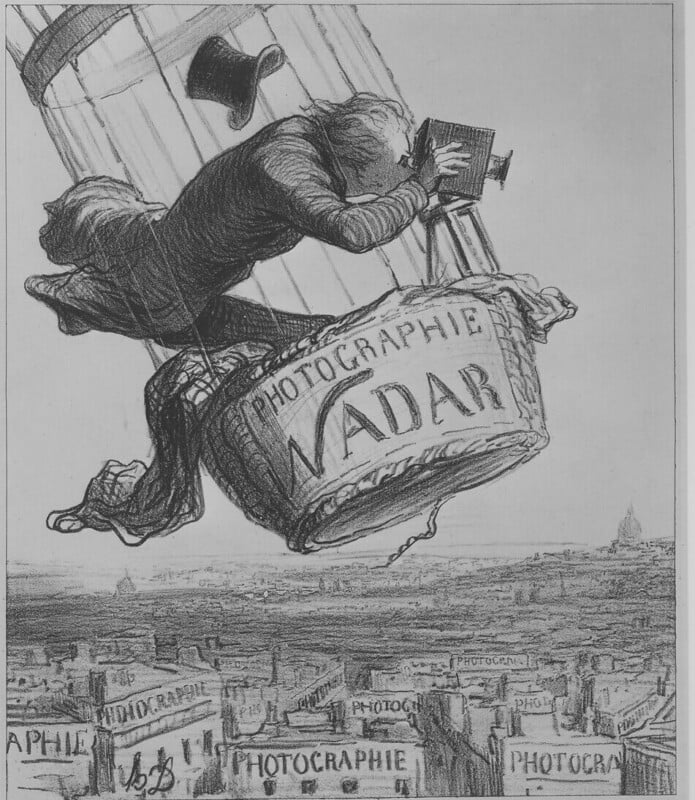 A vintage illustration shows a man in a hot air balloon basket labeled "Photographie Nadar," leaning out to take a photograph over a cityscape with rooftops and distant buildings visible below.