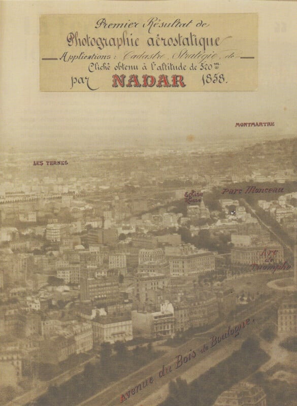 Sepia aerial photograph of Paris from 1858, labeled in French with locations such as Montmartre and Parc Monceau. A handwritten note at the top credits Nadar for the first aerial photograph.