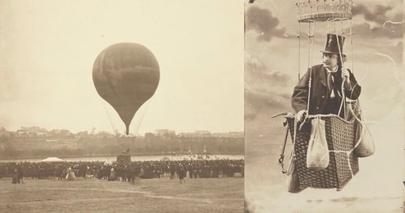 A vintage photo shows a hot air balloon lifting off before a large crowd. Beside it, a man in a suit and top hat sits in a balloon basket, holding sandbags, against a cloudy sky.