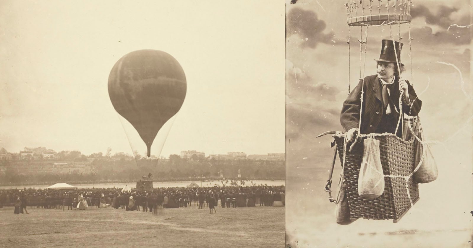 A vintage photo shows a hot air balloon lifting off before a large crowd. Beside it, a man in a suit and top hat sits in a balloon basket, holding sandbags, against a cloudy sky.